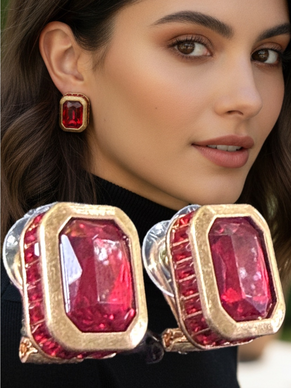 Elegant Sparkling Ruby Red  Gold-Frame Earrings OCTAGON CRYSTAL ✨ Omega Stud